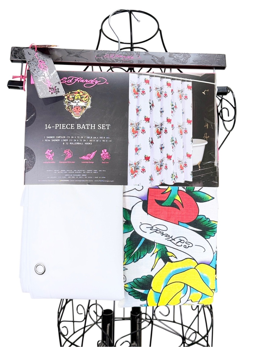 Ed Hardy White Shower Curtain with Multicolor Tattoo Floral Print